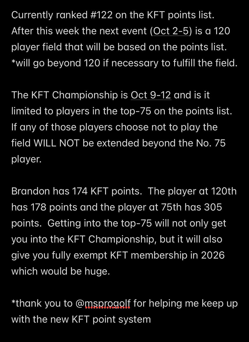 BRANDON KFT STATUS UPDATE 

*Best finish this year is T15 (mid-August) B was only 4 strokes away from the T5 group.  A one stroke per round improvement isn't easy, but it is doable. It will all start with a good Thursday / Friday in Columbus 🌰