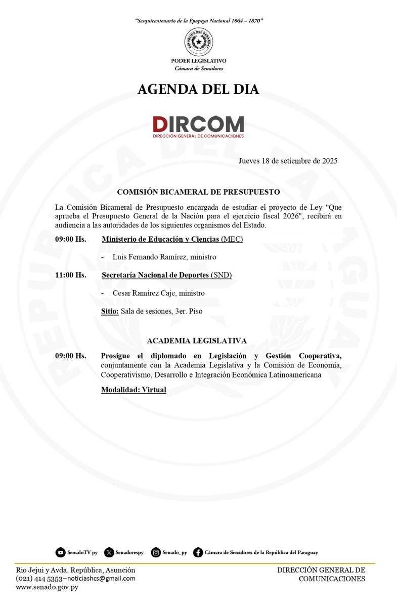 La Cámara de <a href="/SenadoresPy/">SenadoPy</a>, en la jornada de hoy registra estas actividades en su agenda.

__
🗓️#AgendaSenado| Jueves 18/Septiembre