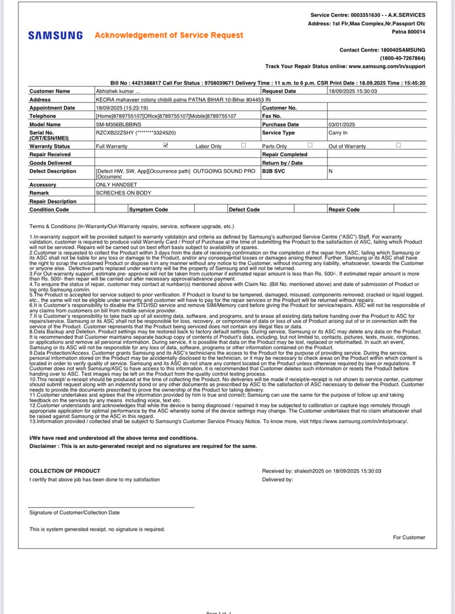 MultitrackKumar's tweet image. I submitted my phone for repair bec it wasn’t charging,even though it is still under warranty.After inspection,I was told the repair would be covered under warranty.But after the repair,I was asked to make a payment,saying the charging pin was damaged.This is wrong! @SamsungIndia