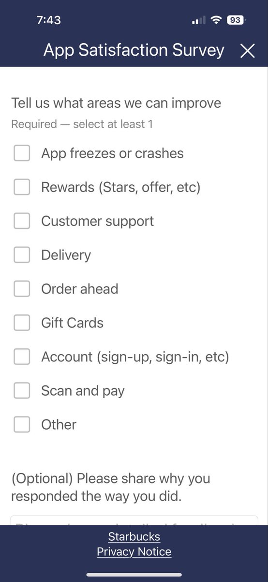 Hey <a href="/Starbucks/">Starbucks</a> this survey has crashed your app.