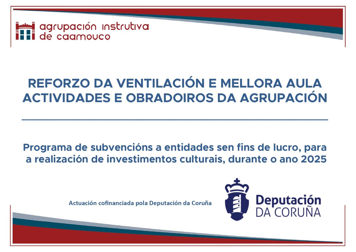 🏗️⚠️ 𝐎𝐛𝐫𝐚𝐬 𝐝𝐞 𝐦𝐞𝐥𝐥𝐨𝐫𝐚 𝐧𝐚 𝐀𝐠𝐫𝐮𝐩𝐚𝐜𝐢𝐨́𝐧 𝐈𝐧𝐬𝐭𝐫𝐮𝐭𝐢𝐯𝐚👉🏽 Arranca a posta a punto da parte sur, coa renovación da aula de actividades, así como novas medidas para mellorar a ventilación do edificio.
🔸 Traballos cofinanciados pola <a href="/Depucoruna/">Deputación da Coruña</a>