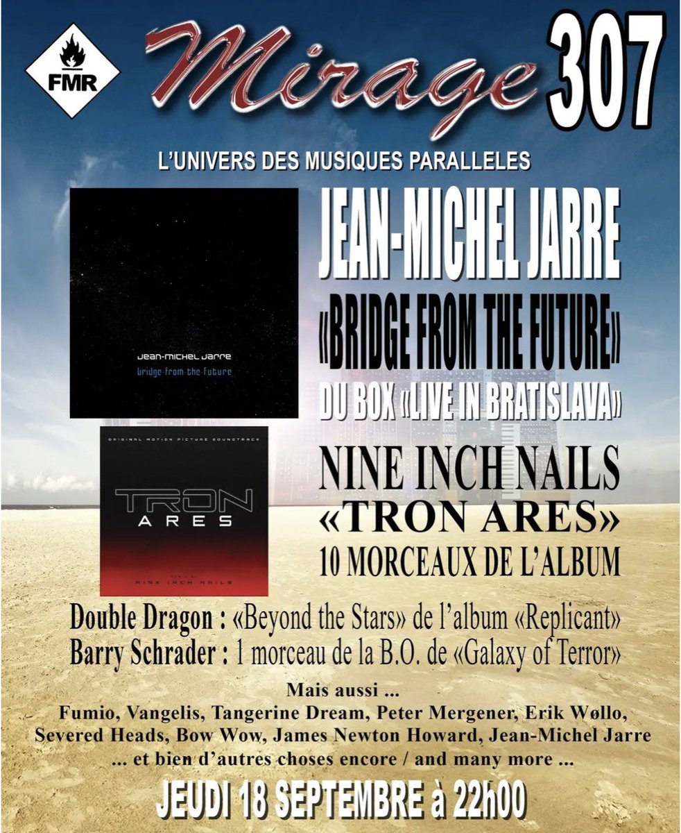 FmrMirage's tweet photo. ℳ𝓲𝓻𝓪𝓰𝒆 #𝟯𝟬𝟳

Ce soir vers 22h (heure française) en DAB+ ou sur le streaming internet de Radio FMR ( https://t.co/bbZy5ShETj ), ℳ𝓲𝓻𝓪𝓰𝒆 passera "Bridge from the Future Part 2" de de Jean-Michel Jarre issu du LP dans le box collector "Live in Bratislava"… https://t.co/H1N56Q0lOG