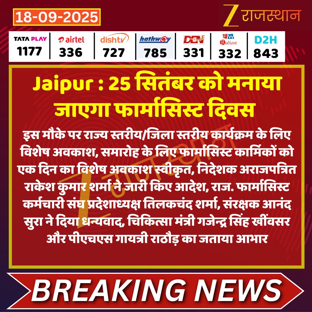 zeerajasthan_'s tweet photo. #Jaipur : 25 सितंबर को मनाया जाएगा फार्मासिस्ट दिवस 

@avajpanchal @nhm_rajasthan @NMC_IND @RajGovOfficial @RajCMO @BhajanlalBjp @GajendraKhimsar #LatestNews #RajasthanNews #RajasthanWithZee https://t.co/8QaEm5C0kq