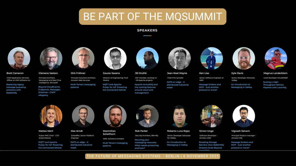 📊 MQ Summit: 1 day, 18 speakers, 13 sessions
Real cases: <a href="/IBM/">IBM</a>  MQ, <a href="/awscloud/">Amazon Web Services</a> , ActiveMQ, <a href="/RabbitMQ/">RabbitMQ</a> , NATS, <a href="/LavinMQ/">LavinMQ</a> , Pulsar, MQTT, Valkey
Save your spot!

mqsummit.com/#tickets