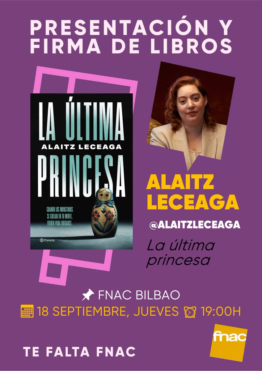 Fnac_EUS's tweet photo. 🗓️⏰: Jueves 18 a las 19h-etan, osteguna 18.
📍: En #FNACBilbao / Bilboko FNAC-ean.
🙋‍♀️: @AlaitzLeceaga 
🗣️✍️: Presentación y firma / Aurkezpena eta sinaketa.
📙: “La última princesa”, novela negra o thriller atmosférico ambientado en la central nuclear de Lemoniz en los años 90. https://t.co/t8Kywz9lIs