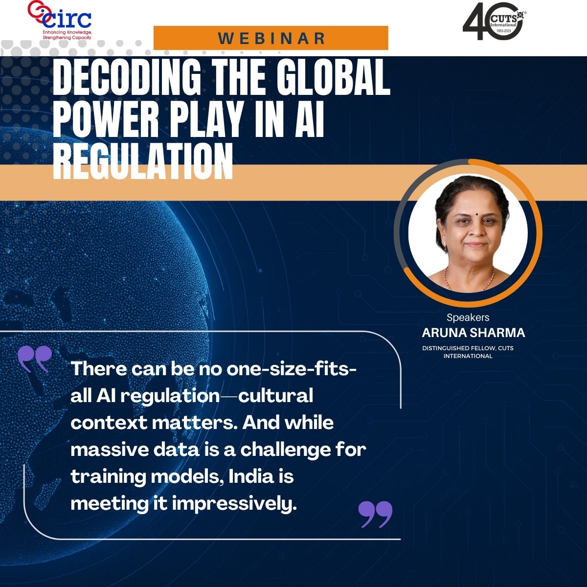CIRC (@cutsinstitute) on Twitter photo 📢Live Now!
<a href="/CUTSInstitute/">CIRC</a> & <a href="/CUTSGlobal/">CUTS Global Affairs</a>  : Webinar: Decoding the Global Power Play in AI Regulation  
📷Speakers : <a href="/DrArunaSharma6/">Dr. Aruna Sharma</a>, Distinguished Fellow, CUTS International 📢Live Now!
<a href="/CUTSInstitute/">CIRC</a> & <a href="/CUTSGlobal/">CUTS Global Affairs</a>  : Webinar: Decoding the Global Power Play in AI Regulation  
📷Speakers : <a href="/DrArunaSharma6/">Dr. Aruna Sharma</a>, Distinguished Fellow, CUTS International