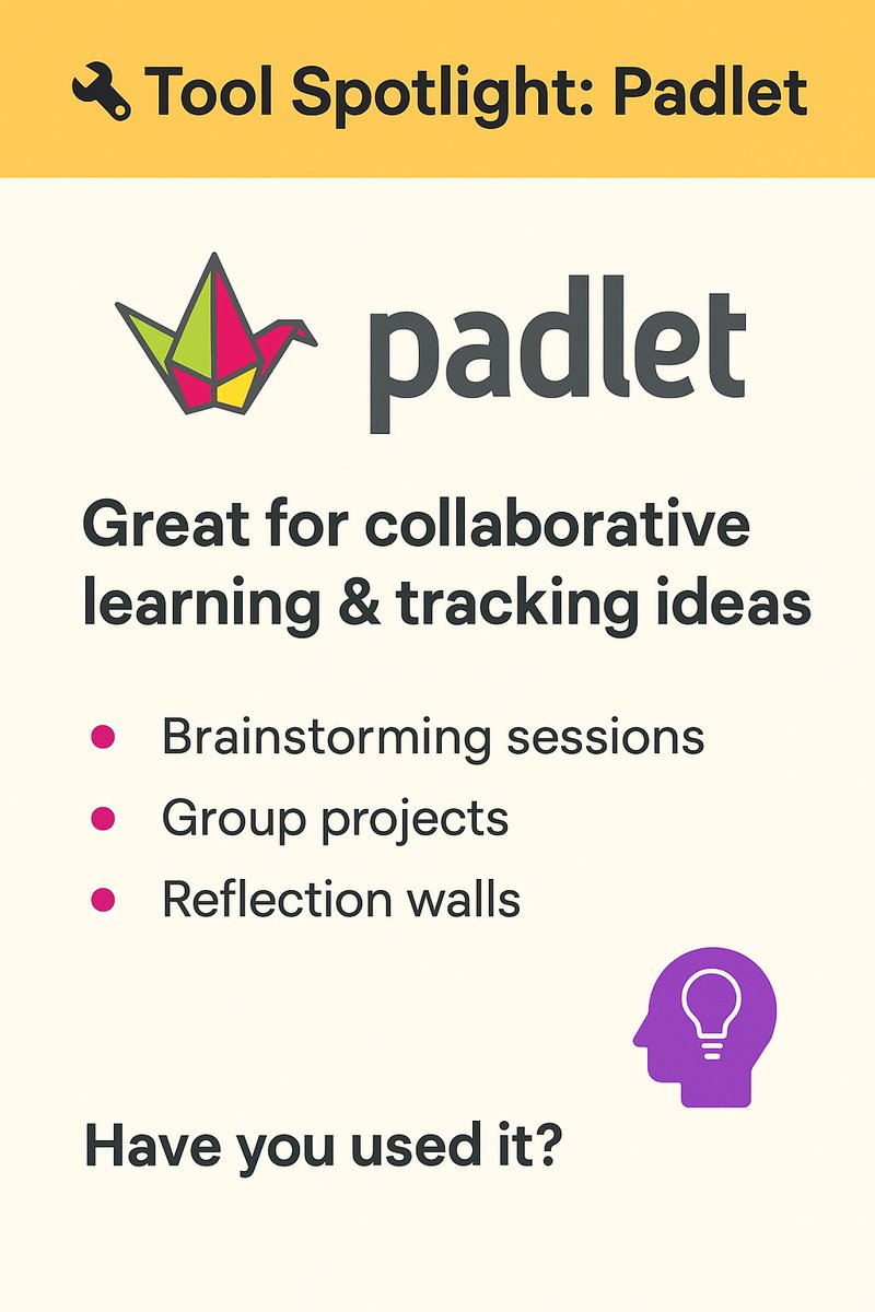 dradajacecilia's tweet image. 🛠 Tool Spotlight: Padlet 
Think of it as a digital “idea wall” perfect for brainstorming, collaboration &amp;amp; tracking learning journeys.
✅ Easy to use
 ✅ Great for student voice 
✅ Flexible for any subject

Have you tried Padlet in your classroom yet?
#EdTech #EducationTools