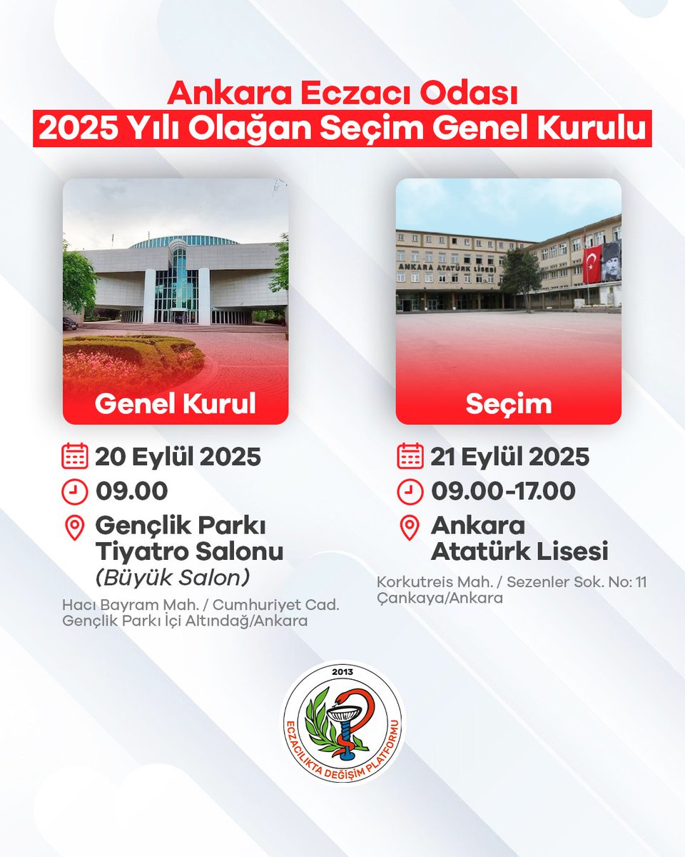 Değişimin gücüne, güç vermek için şimdi sandıkta buluşuyoruz! Meslektaşlarımızı ortak geleceğimiz için  oy kullanmaya davet ediyoruz.
📅 Genel Kurul: 20 Eylül 2025 – 09.00
📍 Gençlik Parkı Tiyatro Salonu 

📅 Seçim: 21 Eylül 2025 – 09.00-17.00
📍 Ankara Atatürk Lisesi