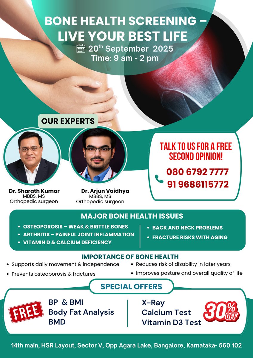 GreenviewAshok's tweet photo. Bone Health Matters!
Join us at Greenview Medical Center for our Orthopaedics Health Event on 20th September 2025.

Special Offers:
X-Ray, Calcium Test &amp; Vitamin D3 Test – 30% OFF
📞 Call now to book your spot:080 6792 7777 | +91 96861 15772
#BoneHealth #GreenviewMedicalCenter https://t.co/cwRSTqu0HA