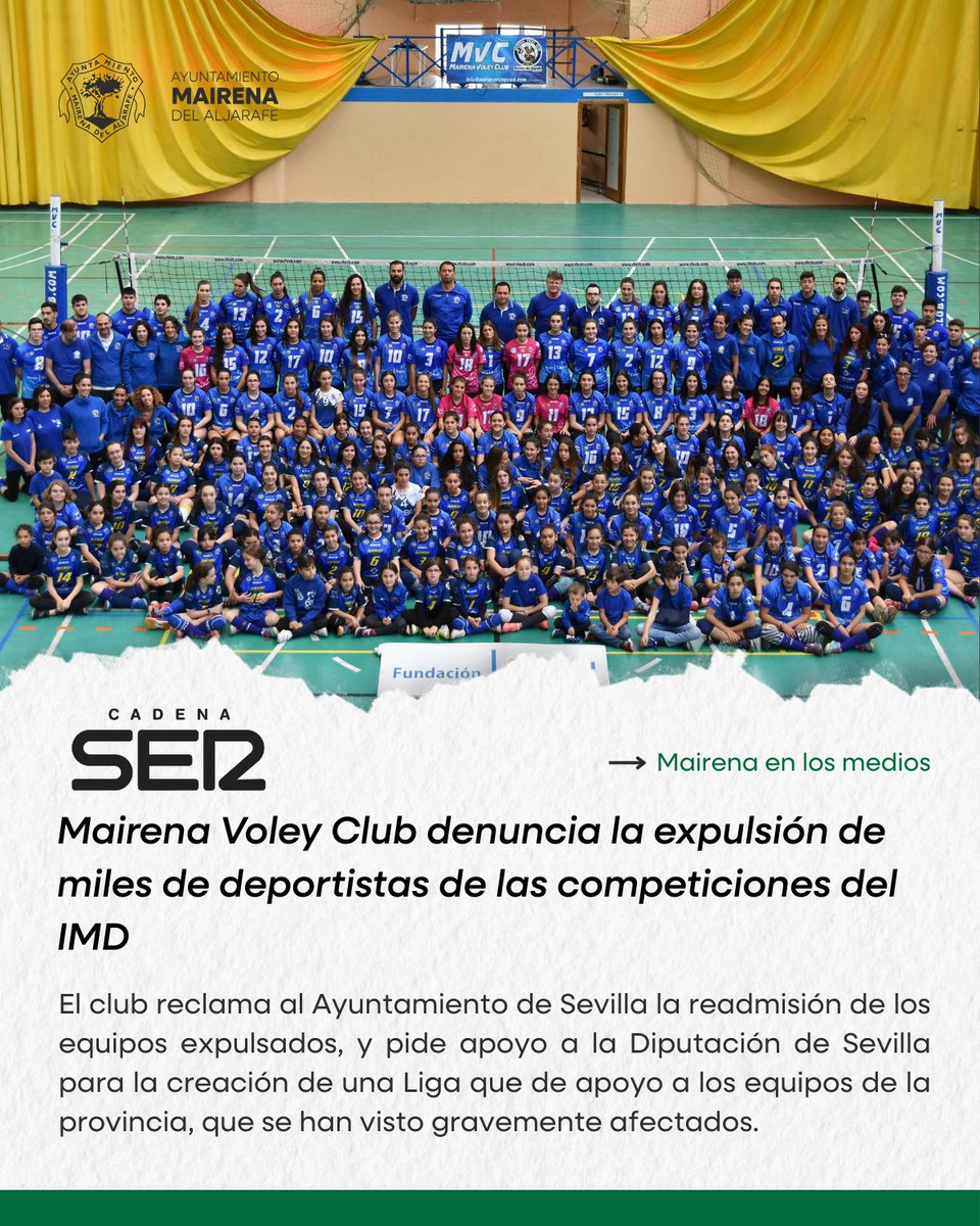 📻 <a href="/La_SER/">Cadena SER</a> se hace eco de la reclamación del <a href="/Mairenavoley/">Mairena Voley Club</a> sobre la expulsión de los equipos de la provincia que participan en las competiciones del IMD en Sevilla. 

#RadioSevilla entrevistó a su presidente, que dio voz a miles de deportistas y familias.
cadenaser.com/audio/ser_sevi…