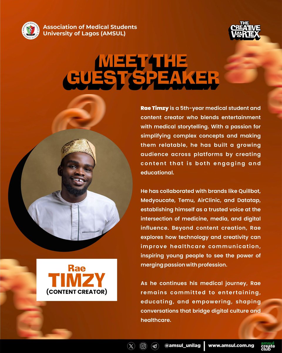 *✨ Meet One of Our Guest Speakers(Rae Timzy) ✨*

We’re excited to announce Rae Timzy as one of our Guest Speakers at The Creative Vortex 2025 🚀

📍 Old Great Hall, CMUL
🗓️ 20th September 2025
⏰ 9:00 AM

To Register:
forms.gle/mB8DwqQWJ6H7AE…

*Powered by AMSUL*