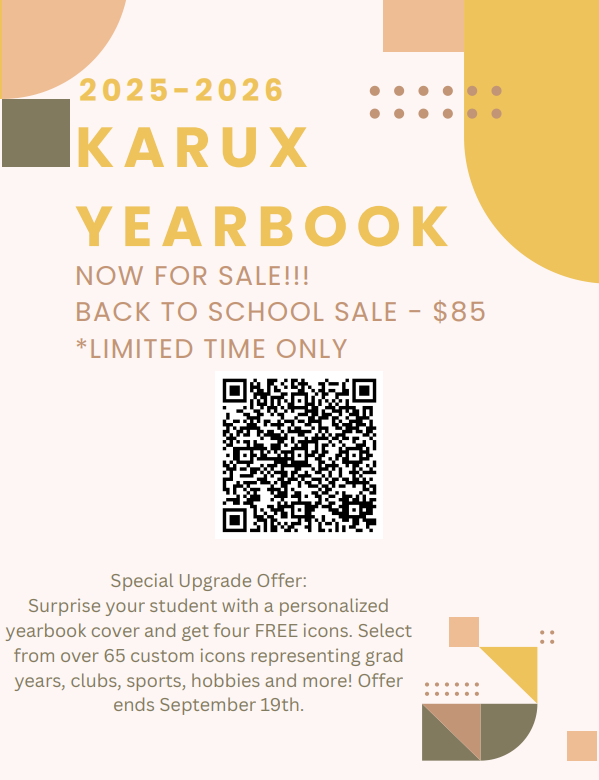 The 2025-2026 Yearbook is now available! Scan the QR code to order. Back to school sale happening NOW!