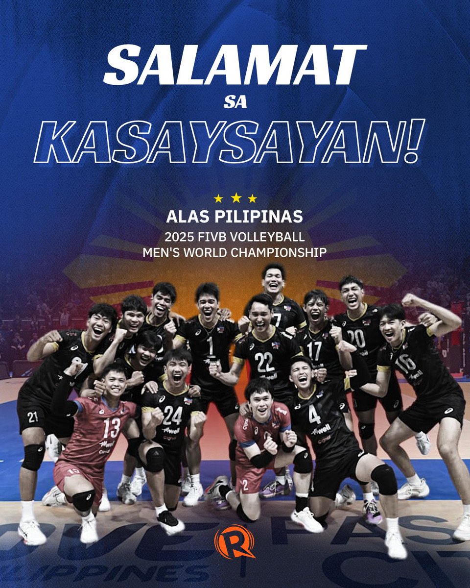 rapplerdotcom's tweet image. MIDNIGHT FOR CINDERELLA

JUST IN. Valiant Alas Pilipinas bows out of a dream run in the 2025 FIVB Volleyball Men's World Championship as world No. 16 Iran earns a five-set comeback win to reach the knockout phase.

Salamat sa kasaysayan, Alas Pilipinas! #MWCH #MWCH2025…