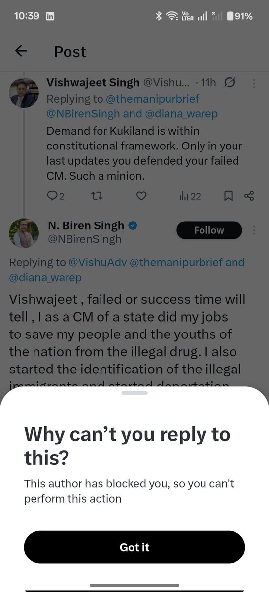 VishuAdv's tweet photo. Mr. Biren Singh invited me to visit him and blocked me at the same time. That's not fair Sir. I thought we were starting to have a healthy conversation is when you abruptly ended it. But atleast I was able to catch your attention is the consolation I'll have to live with. https://t.co/ZWJyhXGgyU
