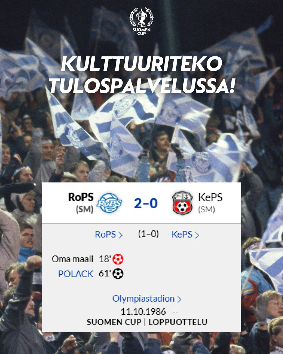 Suomen Cupin tilastoja vuodesta 1955 lähtien ja neljännesvälieristä eteenpäin helposti selattavassa muodossa Tulospalvelussa! 🏆

tulospalvelu.palloliitto.fi/category/MSC!s…

#SuomenCup