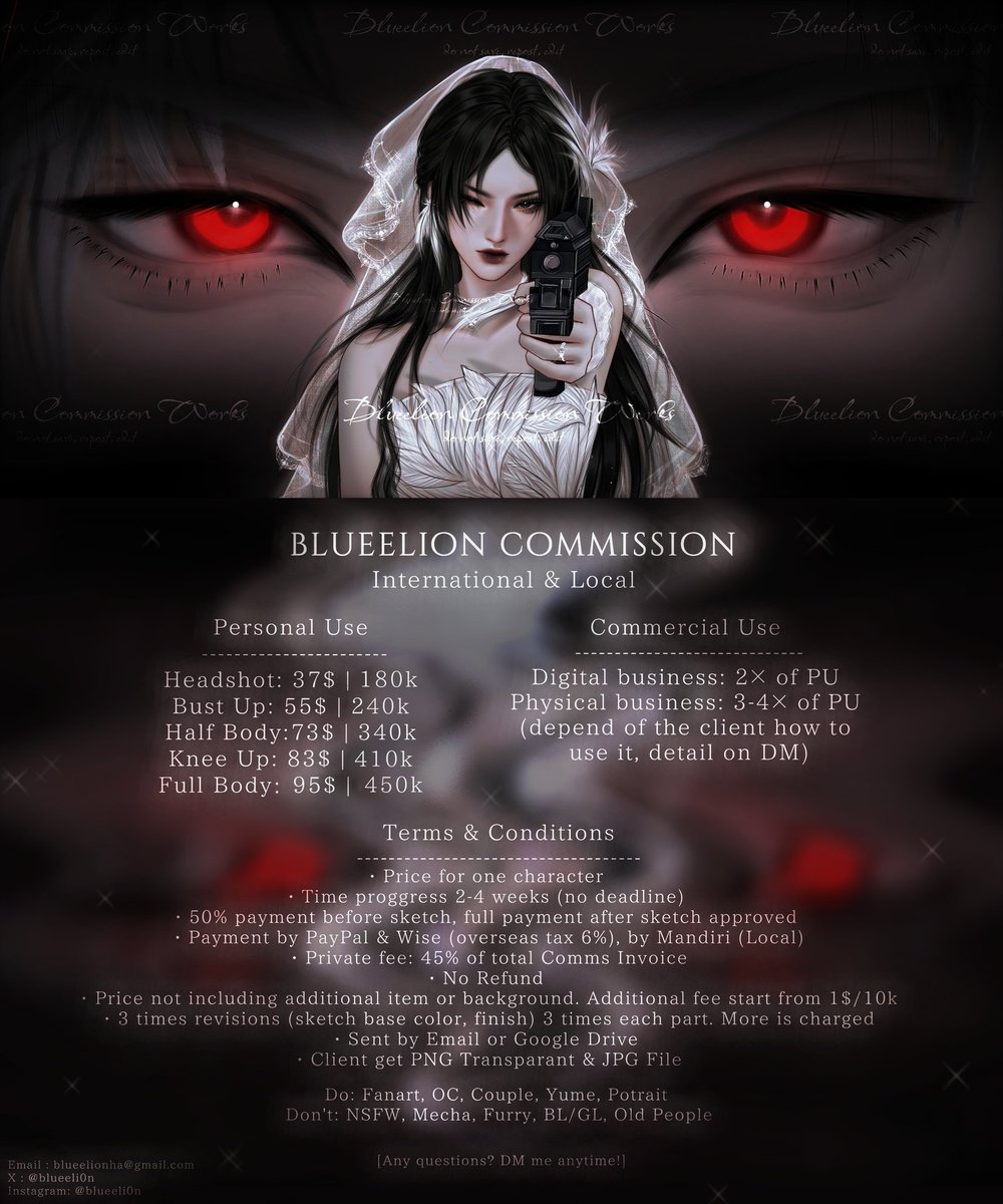[ BLUEELION COMMISSION OPEN ]

My comms is open now! You can check the details below. Please read it carefully! 
If you are interested, just tap my DM to order. 
You can see my samples in the twitter media section.  

Rts and likes are greatly appreciated!
Thank you.