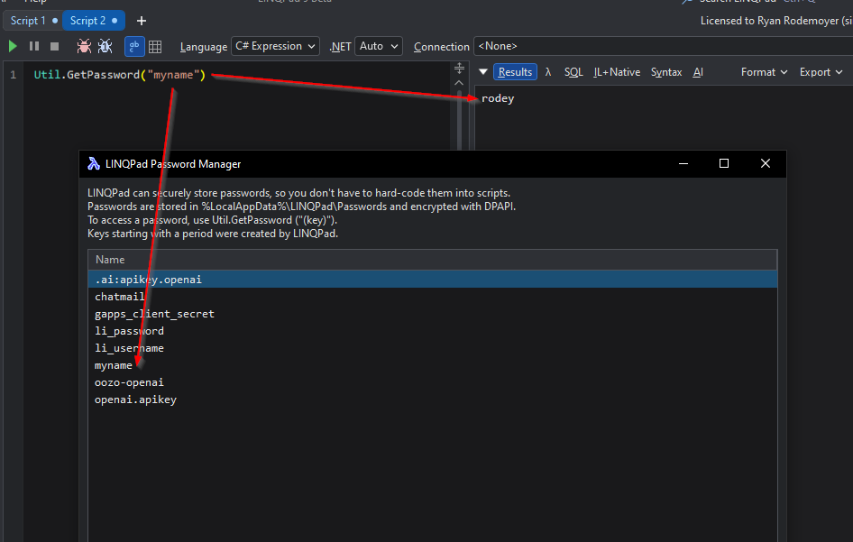 RyanRodemoyer2's tweet image. DID YOU KNOW??
(hidden gem)

@linqpad has a built-in password manager

Encrypt values into your system

Use the secrets in any LINQPad query

Perfect for API keys and passwords
(or anything else that needs protected)

Cross-platform and seamless

NEED to see the password manager…