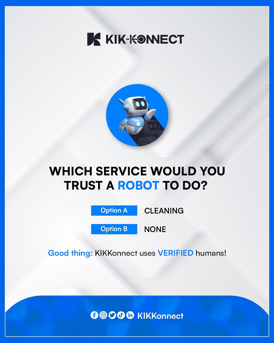 kik_konnect's tweet image. Robot or human? 🧹
At KIKKonnect, we keep it simple,only verified humans handle your services!
#KIKKonnect #TrustedService 
Comment your choice below