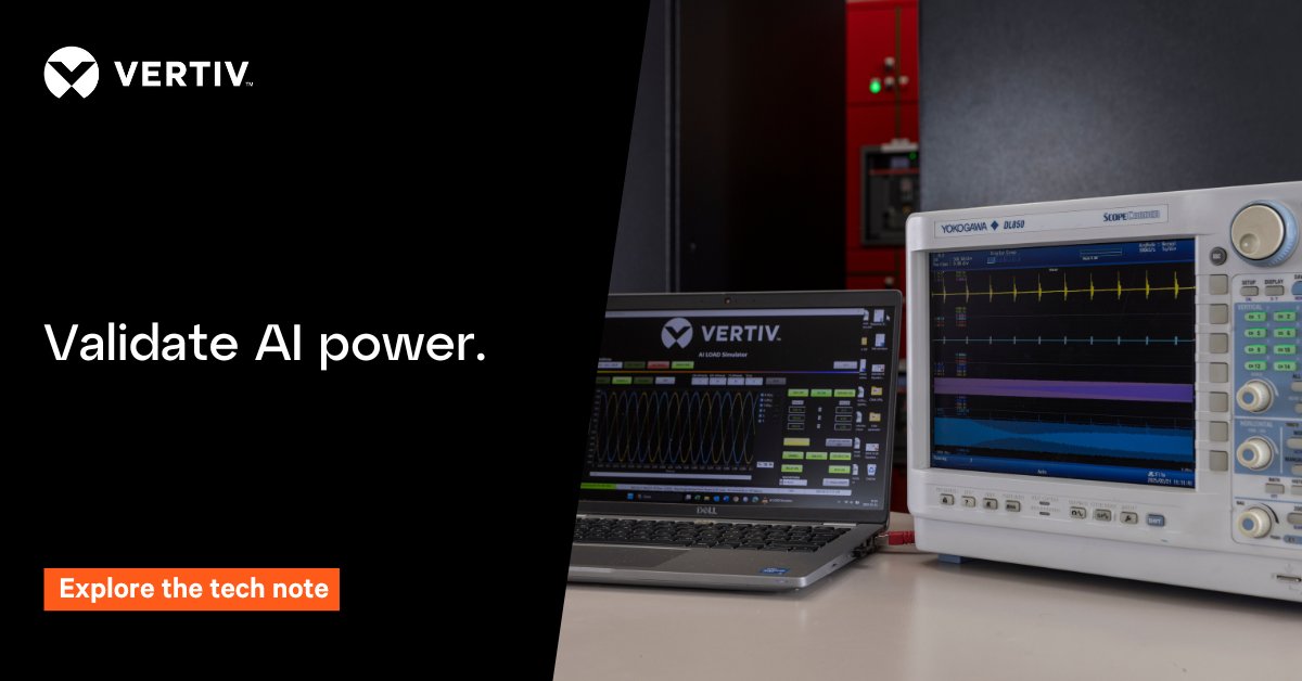 Vertiv's tweet image. AI needs power validation. Our patented AI Load Simulator replicates GPU behavior to test UPS systems and power train readiness before deployment. Read the technical note: ms.spr.ly/6012s9huC

#UPSsystems #powersystems #DataCenterEfficiency #Reliability #AIEfficiency