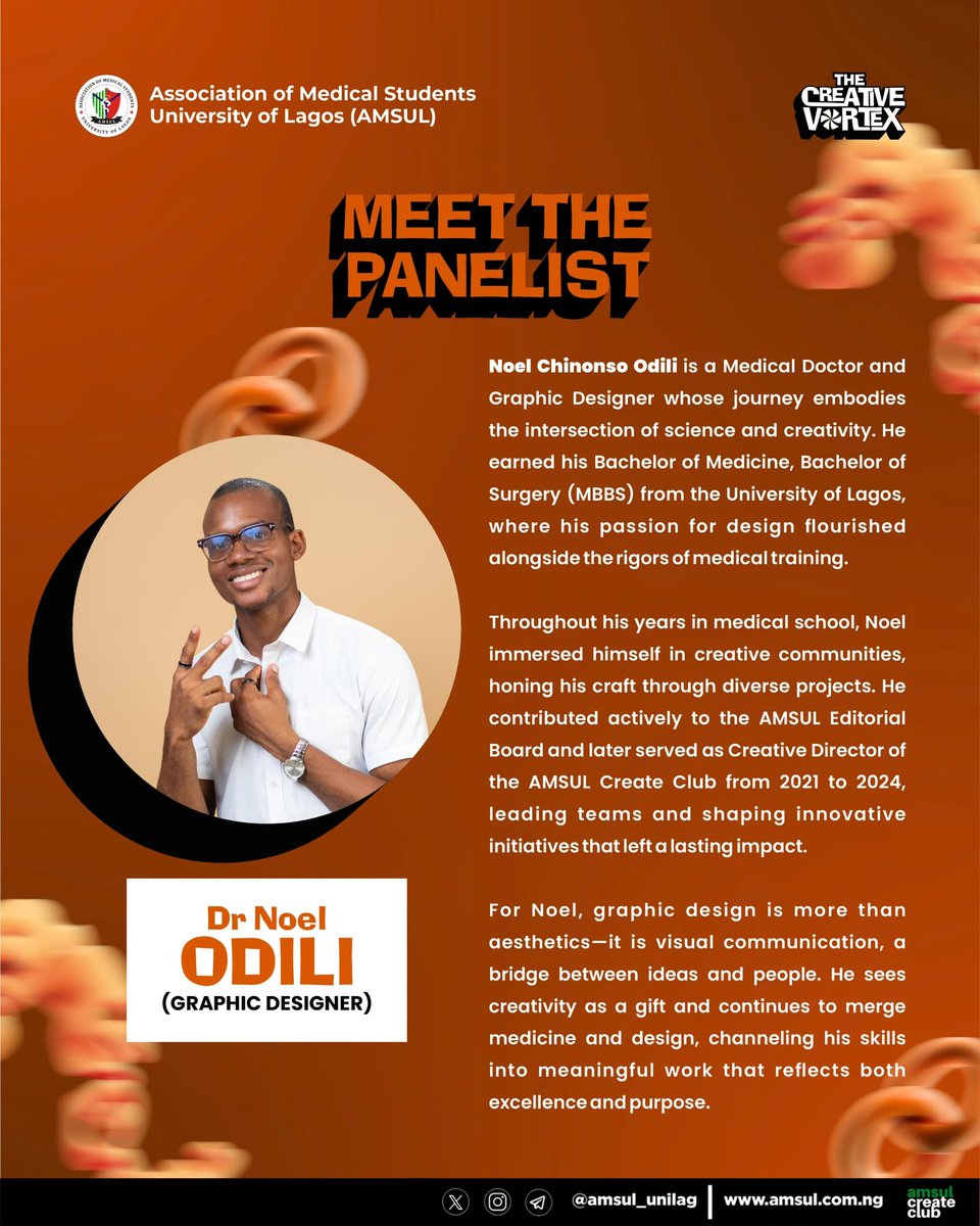 *✨ Meet Our Panelist ✨*

We’re proud to present *Dr Noel Chinonso Odili* as one of our Panelists at The Creative Vortex 2025 🌟

📍 Old Great Hall,  CMUL
🗓️ 21st September 2025
⏰ 9:00 AM

To Register:
forms.gle/mB8DwqQWJ6H7AE…

#TheCreativeVortex2025