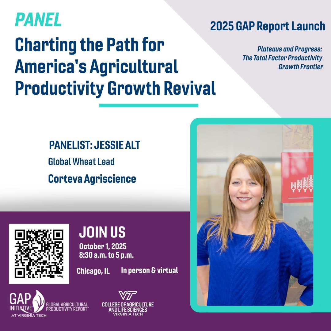 Jessie Alt, Global Wheat Lead for Corteva Agriscience, will be joining the panel discussion, "Charting the Path for America's Agricultural Productivity Growth Revival." 

Chicago. Oct. 1 GAP Report launch: globalagriculturalproductivity.org/2025-gap-repor…
#agriculture #productivity #research