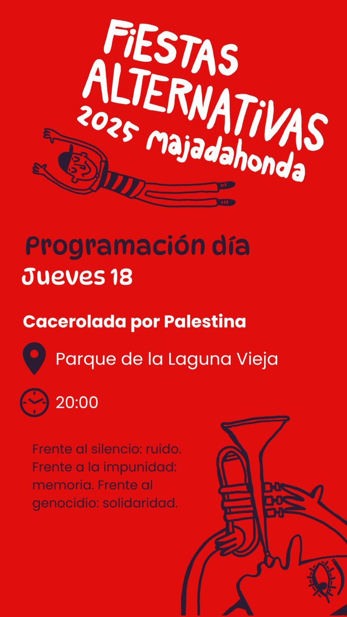 Hoy en la programación de las #FiestasAlternativas de #Majadahonda tenemos la cacerolada por #Palestina.

Acude a hacer ruido para parar el #Genocidio