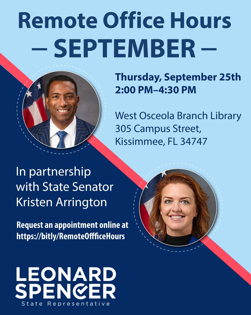 We’re bringing our offices to you! This month, I’m partnering with <a href="/Arrington4Fl/">Kristen Arrington for Florida</a> for Remote Office Hours to hear directly from you and address your concerns. 

Thursday, September 25
2:00 – 4:30 PM
Request an appointment: bit.ly/RemoteOfficeHo…