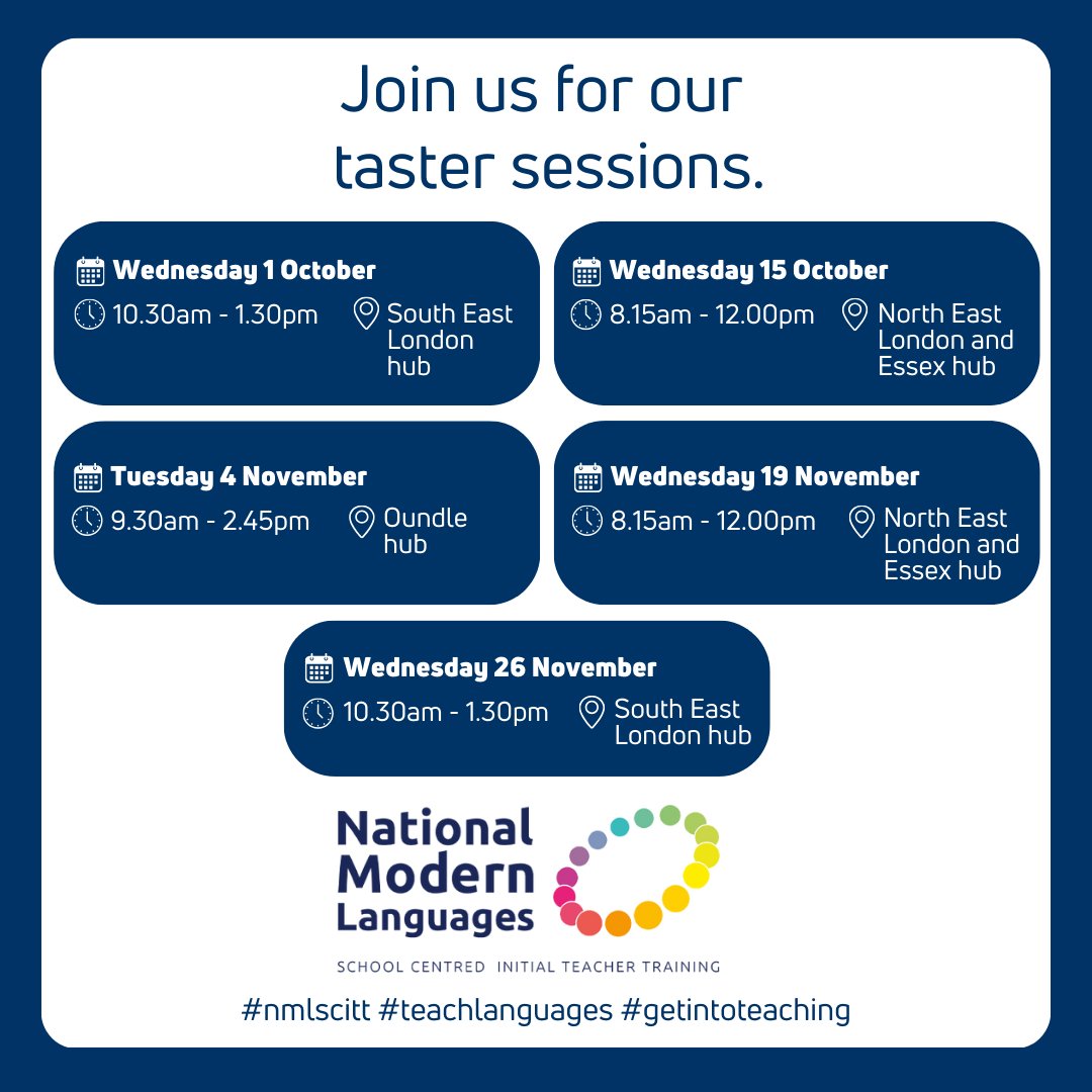Interested in teaching languages? Want to find out more about our teacher training programme? Join us at our taster sessions at our hubs across England throughout Oct and Nov. Take the first step towards your teaching journey - book your place: ow.ly/26TI50TKUFy