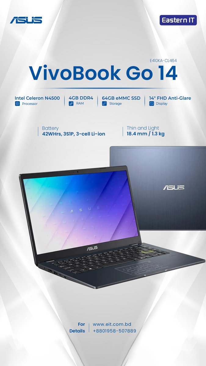 easternitbd's tweet image. 🚀 𝟐𝟕,𝟓𝟎𝟎 𝐁𝐃𝐓 𝐎𝐧𝐥𝐲! 𝐀𝐒𝐔𝐒 𝐕𝐢𝐯𝐨𝐛𝐨𝐨𝐤 𝐆𝐨 𝟏𝟒 𝐄𝟒𝟏𝟎𝐊𝐀-𝐂𝐋𝟒𝟔𝟒 𝐋𝐚𝐩𝐭𝐨𝐩 -  Lightweight Power 
  💻 N4500 | 4GB | 64GB SSD | 14&quot; FHD | Win 11
 🎁 ৳27,500 (Reg: ৳30,000)
 📞 01958-507889 | 🌐 is.gd/ECL464
#EasternIT #ASUSlaptop #Laptop