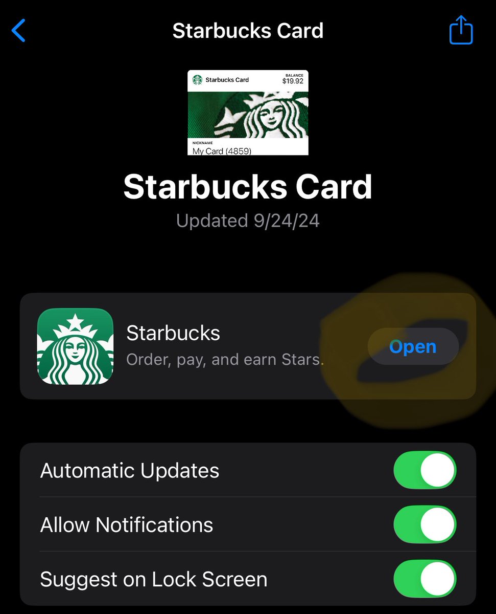 reidk's tweet photo. For iPhone users stuck on the @Starbucks app survey that can’t be bypassed this morning - If you have a Starbucks card in your Wallet, close the app and then relaunch it by going to Wallet > Starbucks Card > three dots in top right corner > Pass Details > Open 

This should launch the app without the survey screen. If it didn’t work, make sure you closed the app before relaunching it from the Wallet.