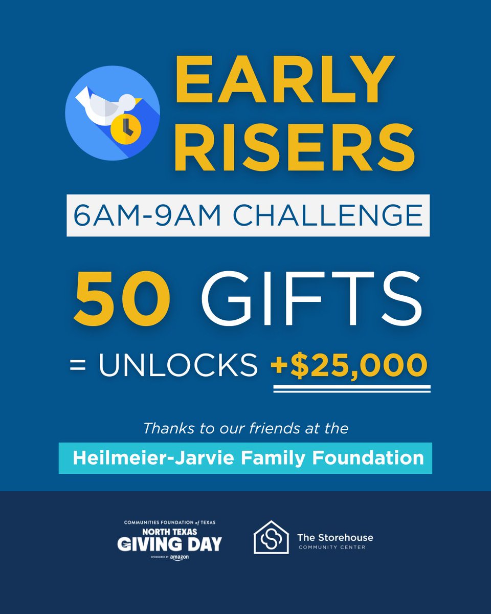 The Storehouse Community Center (@thestorehousecc) on Twitter photo 🚨 Happy <a href="/NTxGivingDay/">North Texas Giving Day</a>! 🚨
If The Storehouse gets 50 donations before 9 AM, the Heilmeier-Jarvie Family Foundation will unlock a $25,000 challenge grant. Your gift goes further today—help us reach our goal!
Give: northtexasgivingday.org/thestorehousecc 🚨 Happy <a href="/NTxGivingDay/">North Texas Giving Day</a>! 🚨
If The Storehouse gets 50 donations before 9 AM, the Heilmeier-Jarvie Family Foundation will unlock a $25,000 challenge grant. Your gift goes further today—help us reach our goal!
Give: northtexasgivingday.org/thestorehousecc
