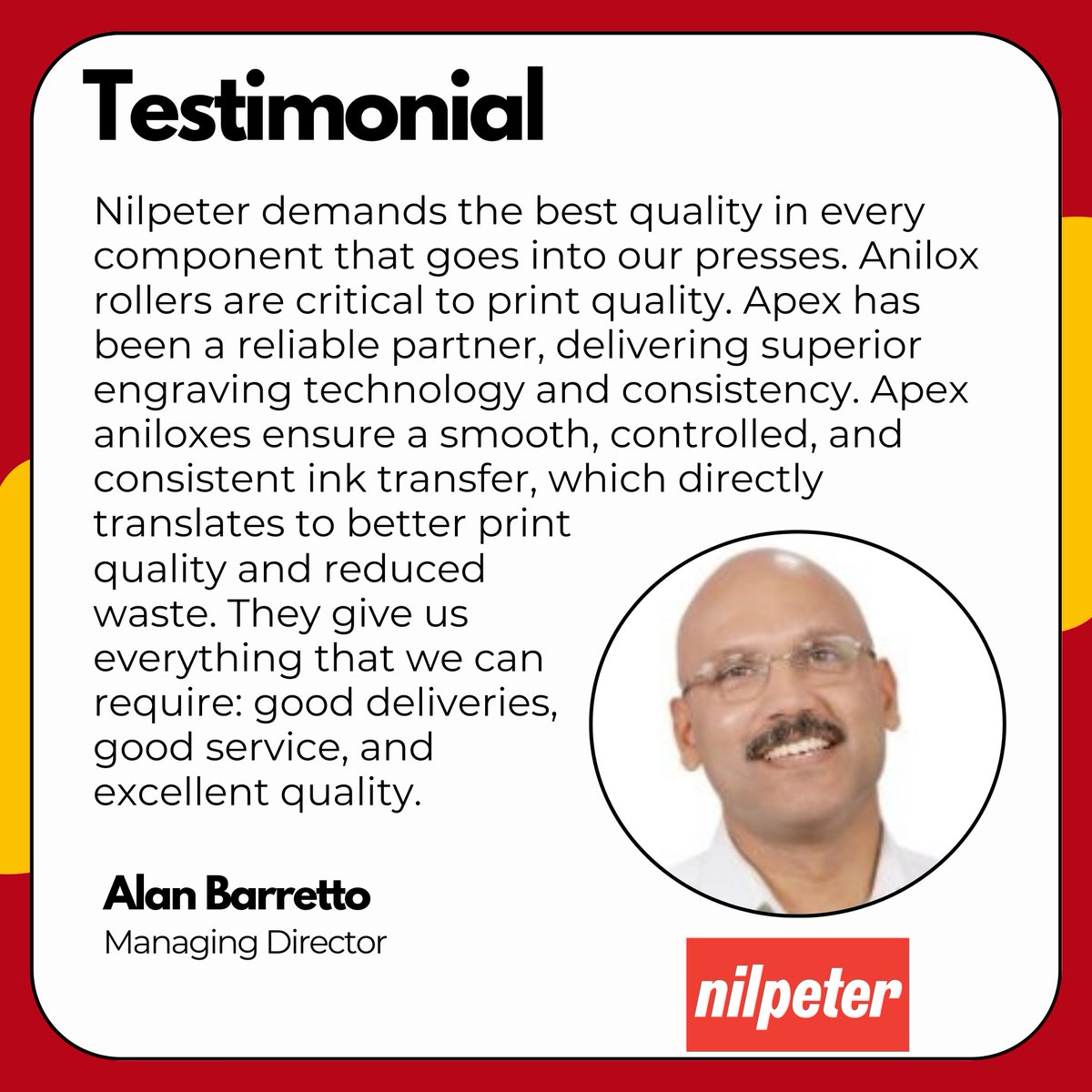 🔧 OEM Testimonial Spotlight 🔧

When it comes to precision and performance, OEMs like Nilpeter demand the best — and we’re proud to deliver.

Huge thanks to Alan Barretto, Managing Director at Nilpeter, for the kind words and continued partnership. 🤝
