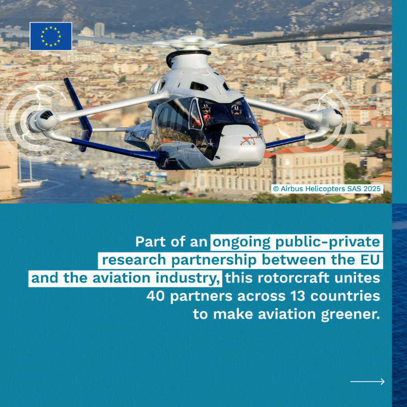 HorizonMagEU's tweet photo. #EUfunded research is taking to the skies, with the fast, fuel-efficient Airbus RACER helicopter setting the pace for clean aviation. 
✈️ How does having one engine on standby make flying both safer and cleaner?  ➡️ https://t.co/FCgA0EF1eR

#ResearchImpactEU #Science4EU