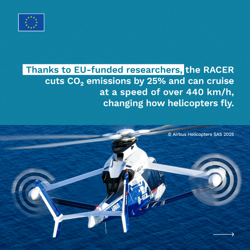HorizonMagEU's tweet photo. #EUfunded research is taking to the skies, with the fast, fuel-efficient Airbus RACER helicopter setting the pace for clean aviation. 
✈️ How does having one engine on standby make flying both safer and cleaner?  ➡️ https://t.co/FCgA0EF1eR

#ResearchImpactEU #Science4EU