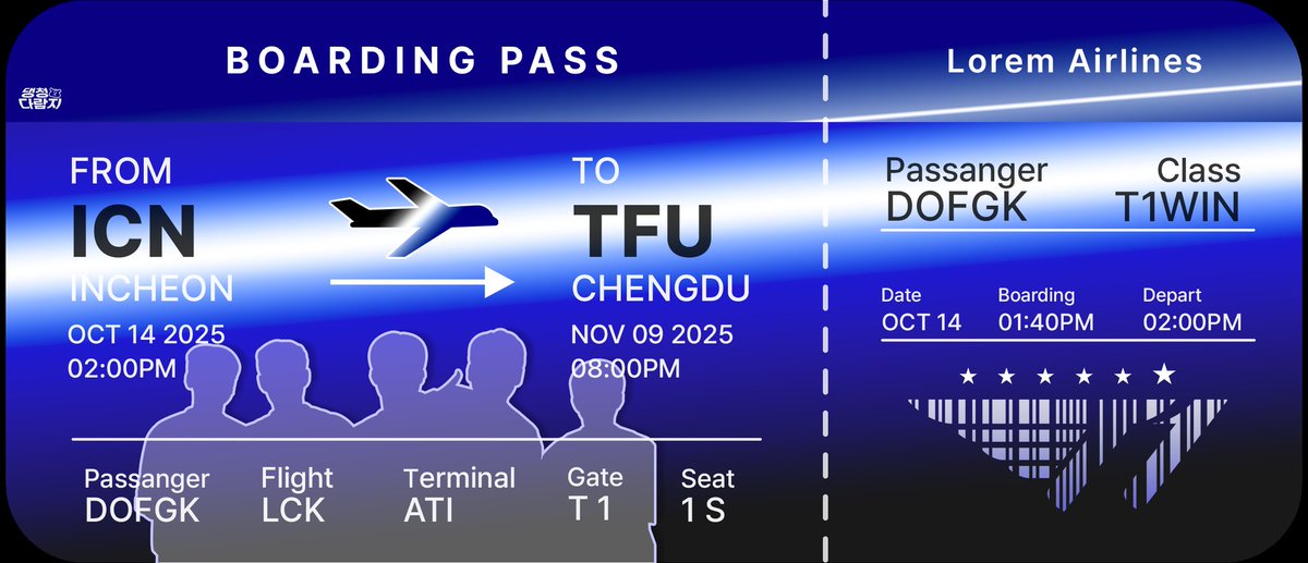 Be_yon_'s tweet photo. 📢 잠시 안내말씀 드리겠습니다

[ 2025 WORLDS ] 청두행 비행기에✈️ 탑승하시는 티밀리 여러분들은 지금 이 글을 통하여 비행기 티켓을🎫  발급 받으시기 바랍니다

월즈 기간동안 많은 응원 부탁드리며🍀
멋있고 재밌고 안전한 경기관람 되시기 바랍니다☺️
감사합니다😊

#T1 #T1WIN #T1Fighting https://t.co/t7yixNz09F