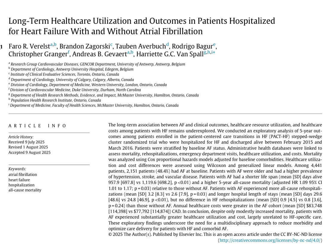 hvanspall's tweet image. Congrats to our Dr Verelst who delivered a 👶🏻 AND published this 📑 the same week!

Among 4441 pts w #HeartFailure, #AtrialFibrillation portended 
⬆️ adjusted risk of ☠️
⬆️🏥s
⬆️healthcare $

Re🏥s drove costs in #AF, but most were not for #HF
#PACTHF #RCT
ajconline.org/action/showPdf…