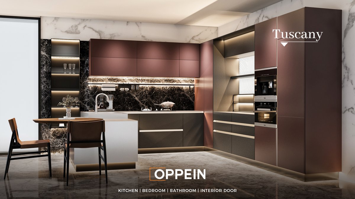 oppeinofficial's tweet photo. Inspired by Italian elegance, Tuscany features a minimalist design with a graceful red and dark gray palette. 
Learn more: https://t.co/NIYOLhpiz1  

#OPPEIN #residentialdesign #designbuild #cabinetry #kitchencabinet https://t.co/1oxyn36PLl