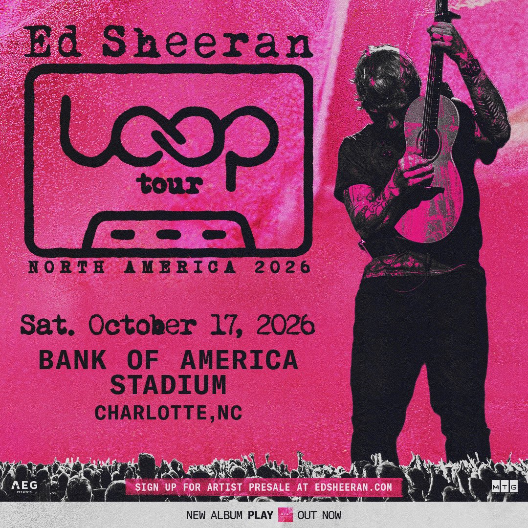 JUST ANNOUNCED: Ed Sheeran is bringing the LOOP Tour to Bank of America Stadium on October 17, 2026! 🩷 Get all the info + sign up for first access to tickets now at EdSheeran.com. 

Photo credit: Mark Surridge 📸