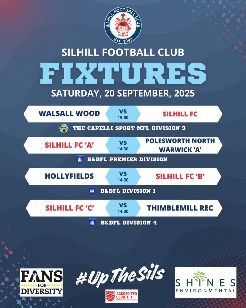 Adult Team Fixtures

Home matches again this week for our A and C teams and another away trip for the B team with kick-offs in all 3 matches at 2.30pm

Best of luck to our adult sides this weekend

#UpTheSils
⚽⚽⚽