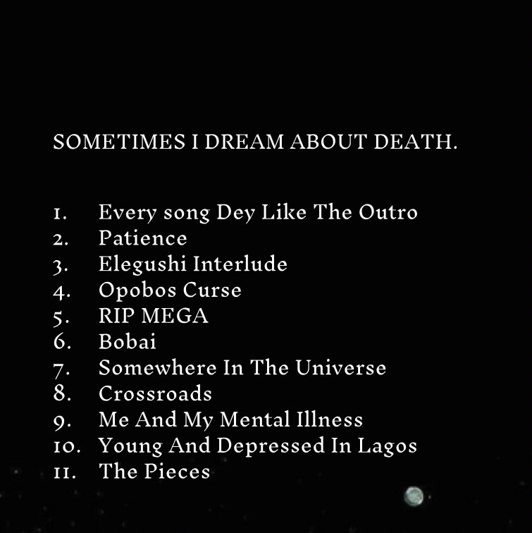 25TH APRIL - OMOBOY THE MIXTAPE🤚🏾 (@lookatpaybac) on Twitter photo This project is dedicated to anyone who has thought about taking their own life as well as anyone who has lost someone and are trying to deal with that loss.
Produced by <a href="/ProtectTheChill/">𝖙𝖍𝖊 𝖈𝖍𝖎𝖑𝖑 👽</a>
“Sometimes i dream about death”. Sept 30th. Please share🙏🏾 This project is dedicated to anyone who has thought about taking their own life as well as anyone who has lost someone and are trying to deal with that loss.
Produced by <a href="/ProtectTheChill/">𝖙𝖍𝖊 𝖈𝖍𝖎𝖑𝖑 👽</a>
“Sometimes i dream about death”. Sept 30th. Please share🙏🏾