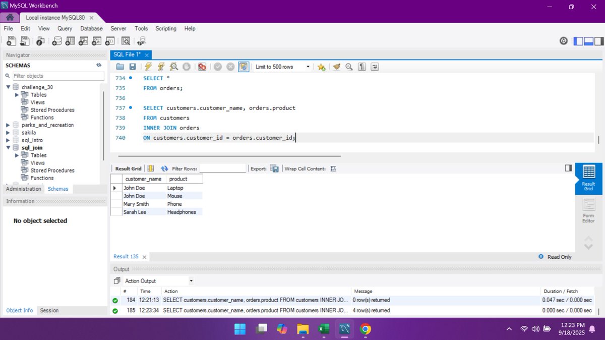 arucole001's tweet image. Day 16 of #30DaysOfSQL — INNER JOIN

🤝 INNER JOIN = return rows that exist in both tables. 🧵
