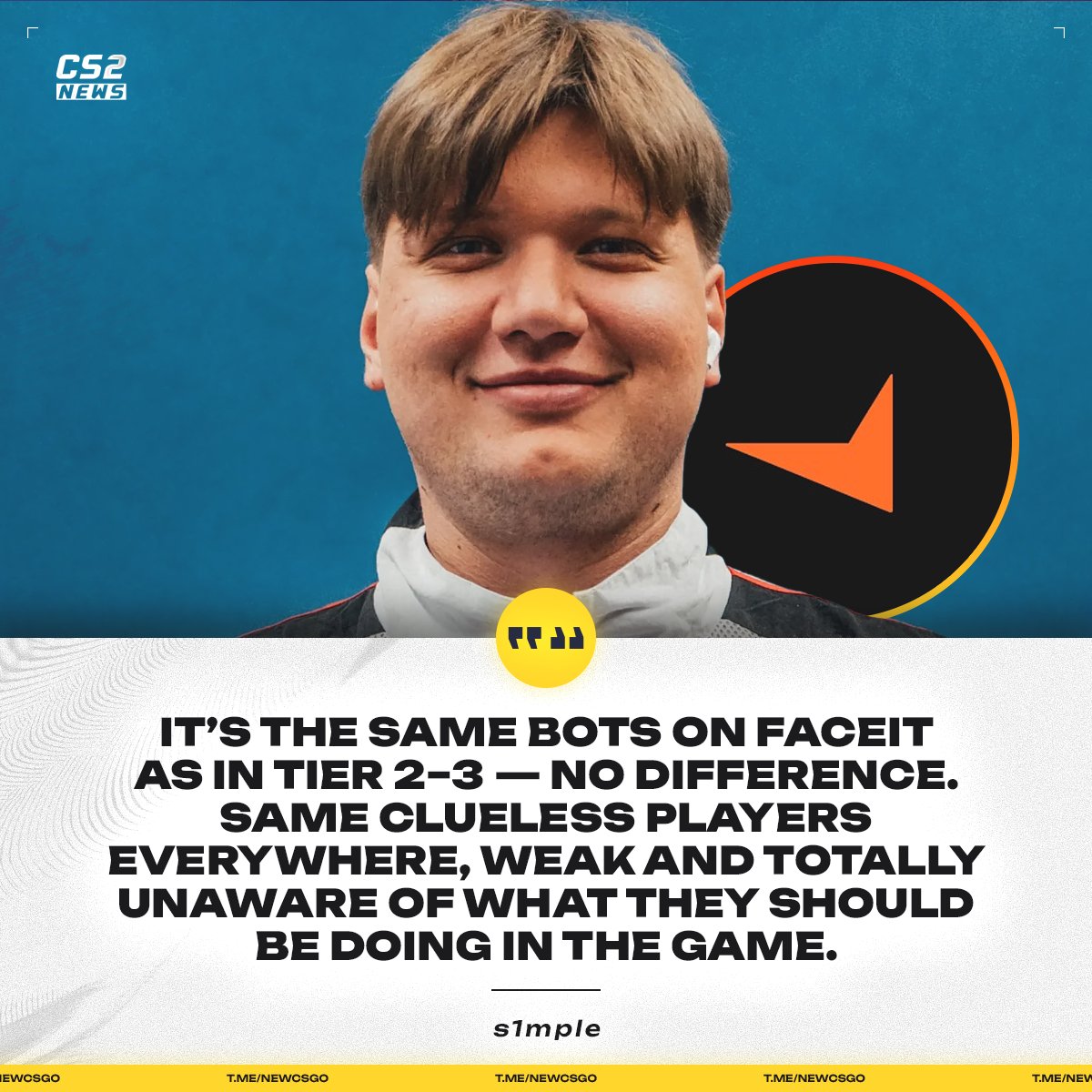 CS2News_EN's tweet image. s1mple on the similarities between FACEIT and the tier-2 scene.

«First of all, you&apos;re playing against bots. Second, your teammates just do whatever the f*ck they want».

(via s1mple&apos;s twitch stream)