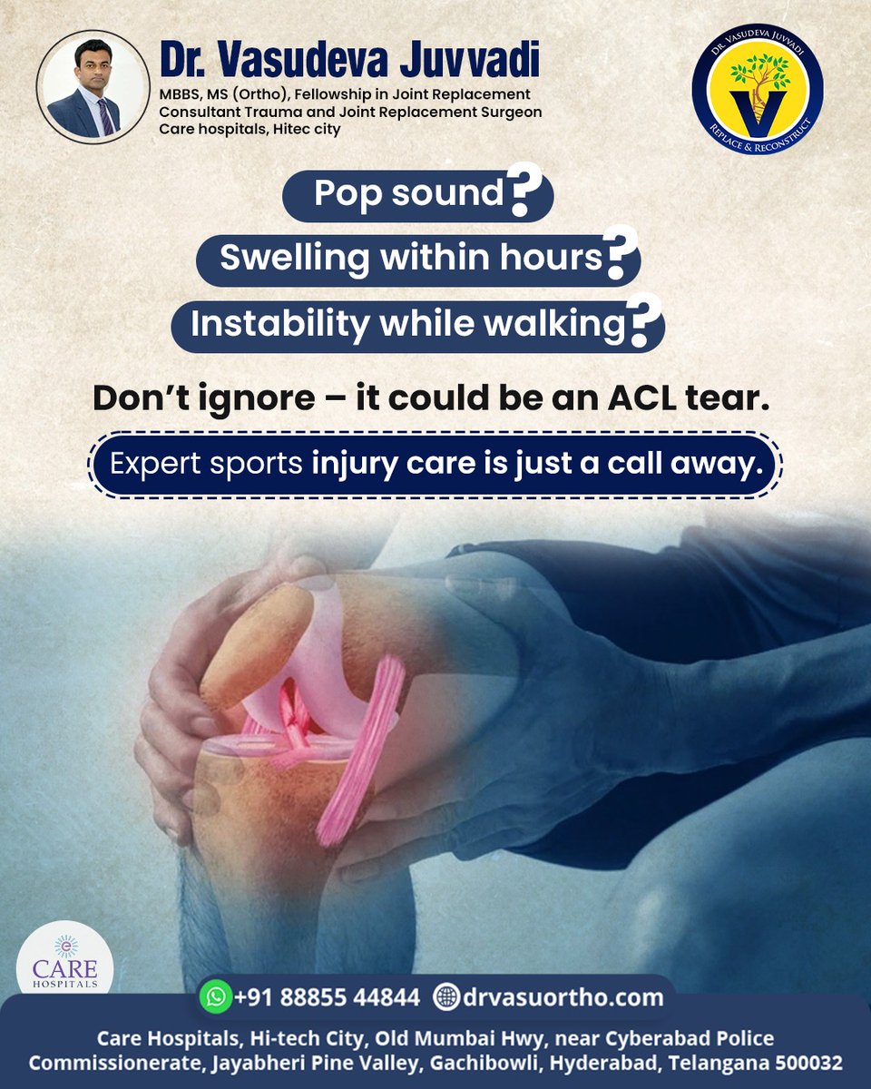 drvasudevaortho's tweet image. Knee pain after a twist or swelling? 🦵⏳
Don’t wait; expert sports injury care is just a call away.

📞 +91 88855 44844 
🌐 drvasuortho.com

#DrVasudevaJuvvadi #OrthopedicSurgeon #RoboticSurgeon