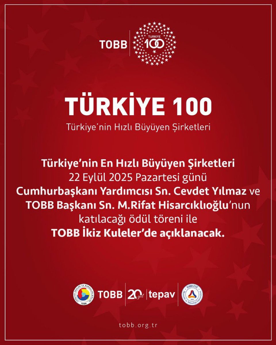 TOBB öncülüğünde TEPAV ve TOBB ETÜ iş birliğinde hazırlanan Türkiye’nin En Hızlı Büyüyen Şirketleri, 22 Eylül Pazartesi günü Cumhurbaşkanı Yardımcısı Sn. Cevdet Yılmaz ve TOBB Başkanı Sn. M.Rifat Hisarcıklıoğlu’nun katılacağı ödül töreni ile TOBB İkiz Kuleler’de açıklanacak.
