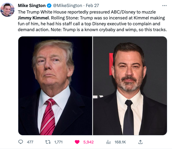 <a href="/JimmyKimmelLive/">Jimmy Kimmel Live</a> Death comes in threes:
1) Charlie Kirk
2) Robert Redford and
3) The Jimmy Kimmel Show and our Free Speech