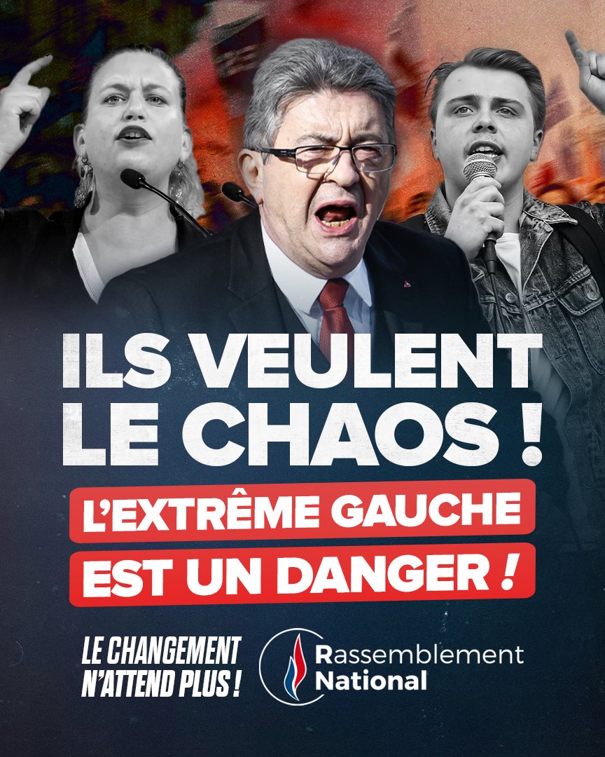 🔵 L'extrême gauche veut le chaos !

Il n'y a plus une seule mobilisation sociale qui ne soit pourrie par elle et les casseurs. 

Les Français peuvent compter sur le Rassemblement National pour porter leurs revendications dans le respect de l'ordre public.