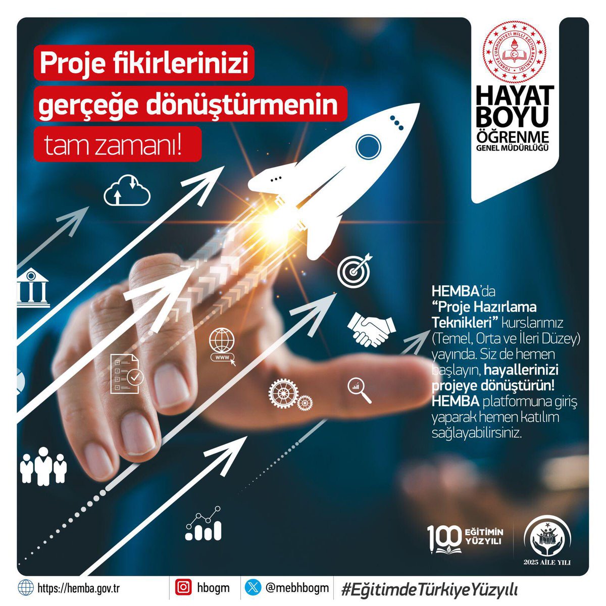 "Proje Hazırlama Teknikleri" Kursları HEMBA’da

Genel Müdürlüğümüz, bireylerin proje üretme ve geliştirme kapasitelerini artırmak amacıyla "Proje Hazırlama Teknikleri" (Temel, Orta ve İleri Düzey) kurslarını, Halk Eğitimi Merkezleri Bilişim Ağı (HEMBA) üzerinden erişime açtı.