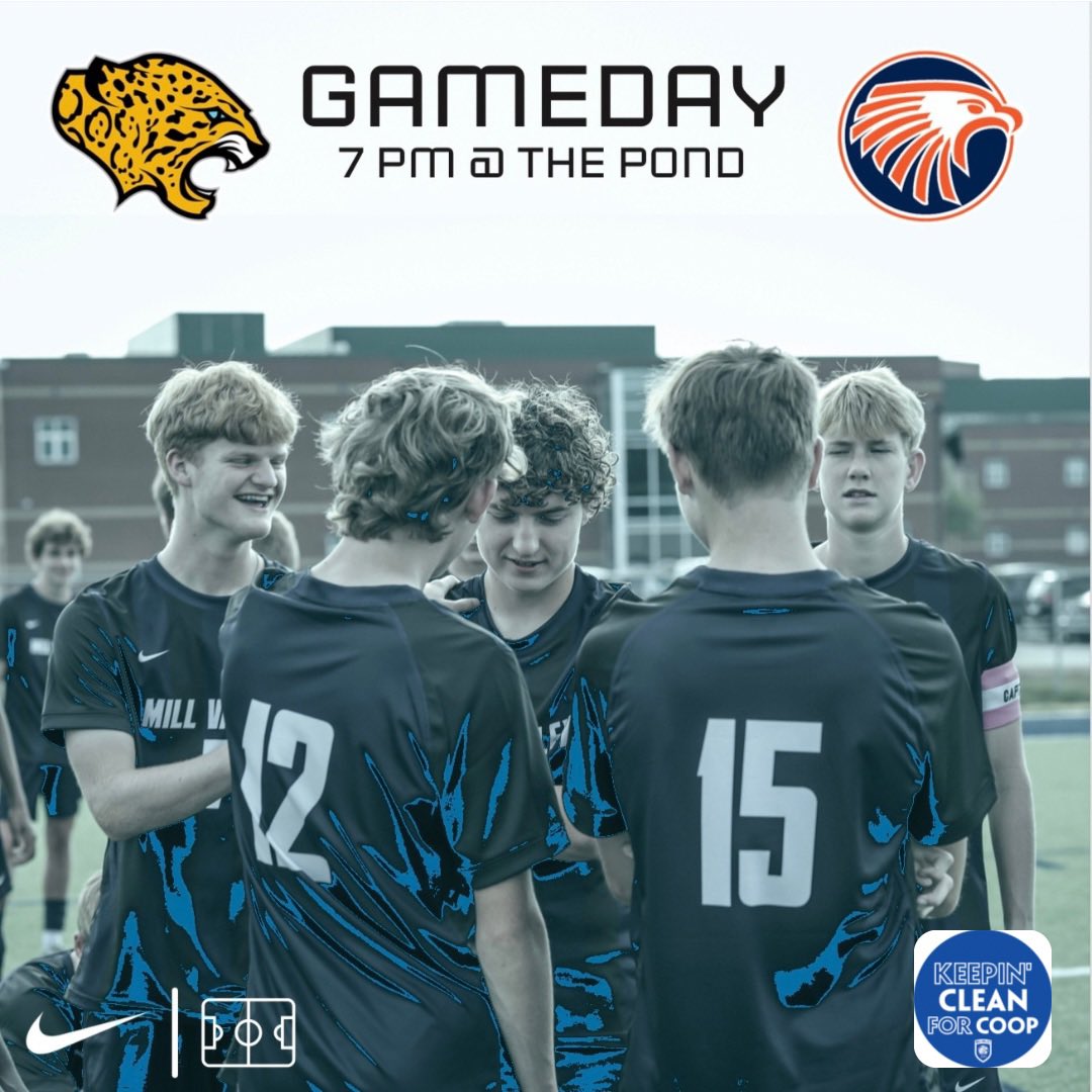 MVJagSoccer's tweet photo. JV and Varsity take the field at home tonight versus the Hawks. Blue out for #keepincleanforcoop night. First 50 students get this year’s #KC4C shirt.#PackThePond #letsgojags #WeAreMillValley @mvjaguars 
🗓 : Thursday, September 18th
🆚 : Olathe East
⏰ : 5/7:00pm
🏟 : #ThePond https://t.co/y0C5BA6lYv