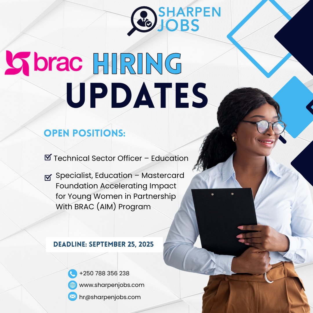 Sharpenjobsrw's tweet image. Hiring Updates!
BRAC is looking for passionate professionals to join its team. If you’re driven by purpose and committed to empowering communities, this could be your chance. 
Apply today and take the next step in your career with BRAC.

#BRAC #HiringUpdates #CareerOpportunity