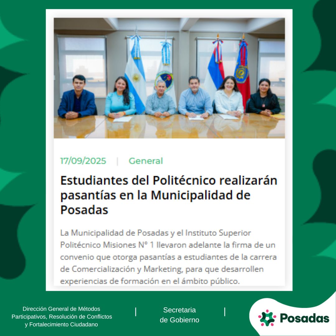 dirmetodos's tweet photo. La Municipalidad de Posadas y el Instituto Superior Politécnico Misiones N° 1 llevaron adelante la firma de un convenio que otorga pasantías a estudiantes de la carrera de Comercialización y Marketing, para que desarrollen experiencias de formación en el ámbito público. https://t.co/7lBy3KL7Qy